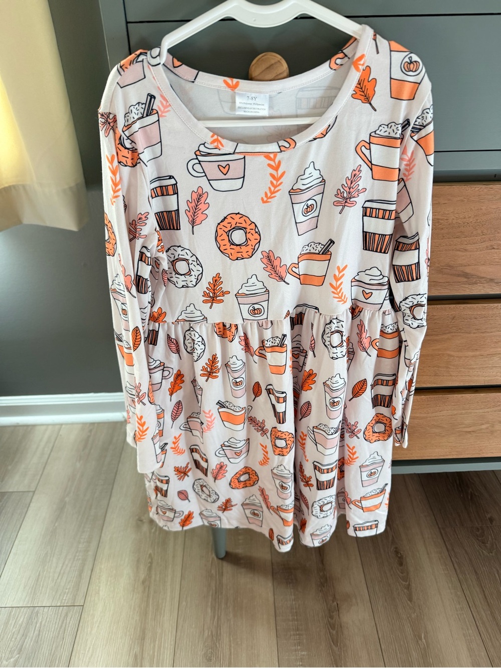 Cozy Fall Coffee & Donut Print Long Sleeve Tunic Dress
